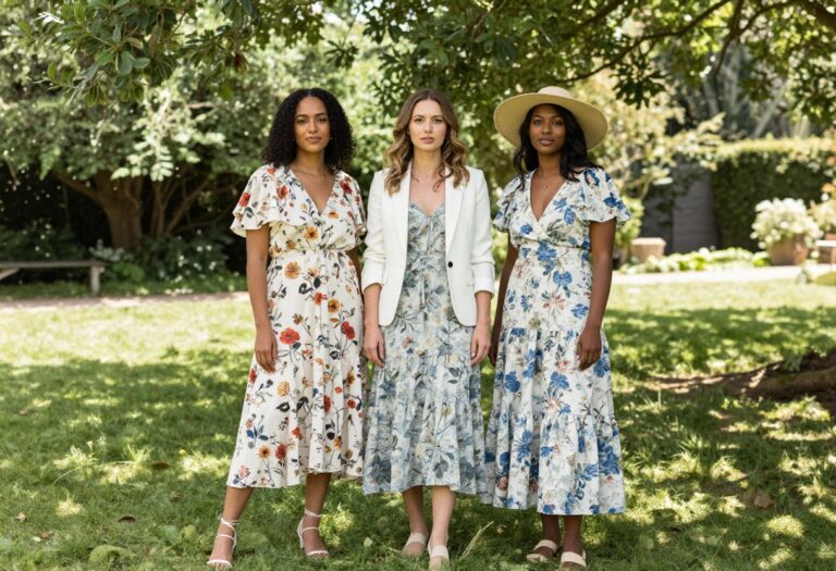 Three bridesmaids in wild flower print dresses posing in a garden