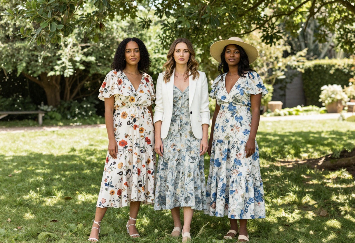 Three bridesmaids in wild flower print dresses posing in a garden
