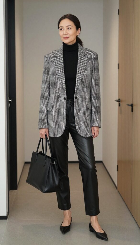 6. Plaid Blazer + Black Turtleneck + Leather Pants