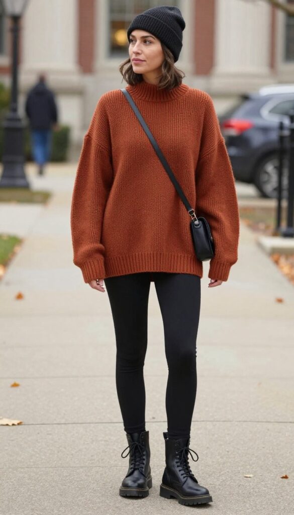 1. Oversized Knit Sweater with Leggings and Combat Boots