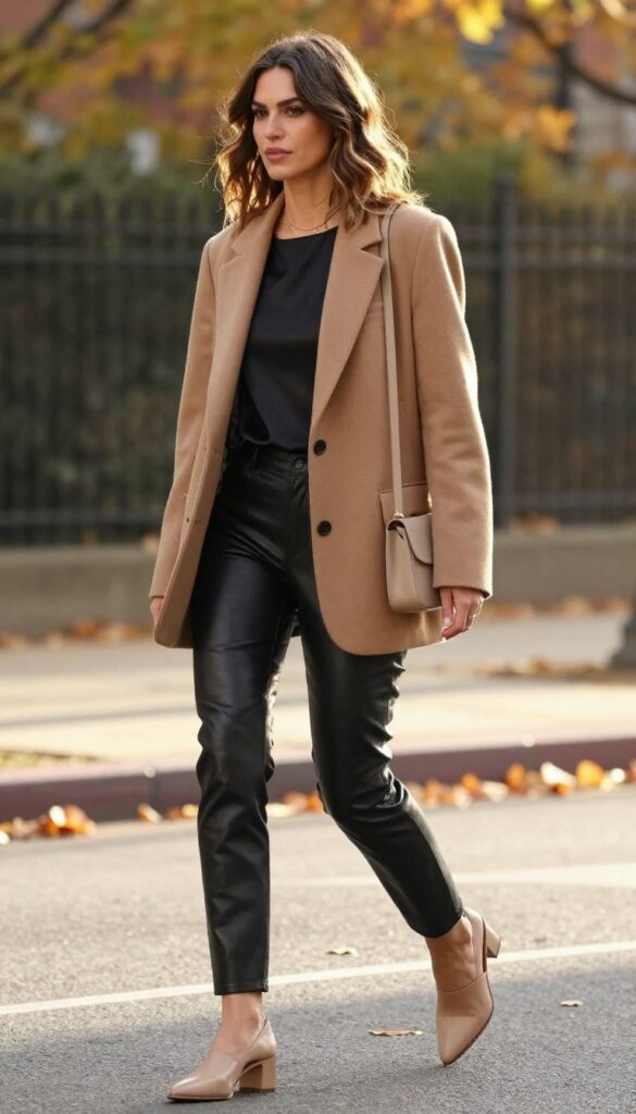 12. Blazer, Silk Camisole, and Faux Leather Pants