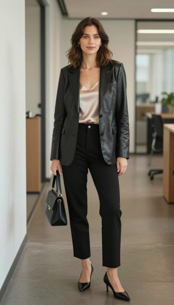 14. Faux Leather Blazer + Silk Camisole + Straight-Leg Pants + Heels