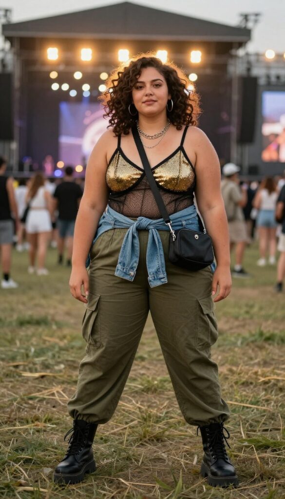10. Cargo Pants with a Sequin Bralette and Mesh Top