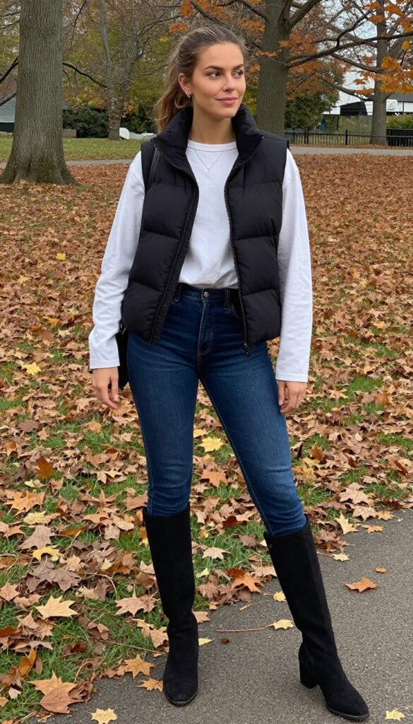 10. Vest + Long-Sleeve Tee + Skinny Jeans + Over-the-Knee Boots