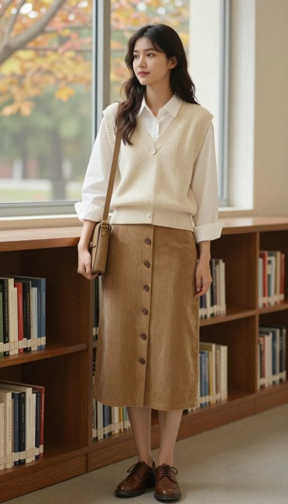 13. Sweater Vest and Button-Front Skirt