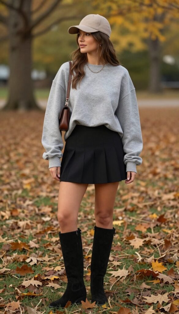 11. Crewneck Sweatshirt with a Pleated Mini Skirt and Knee-High Boots