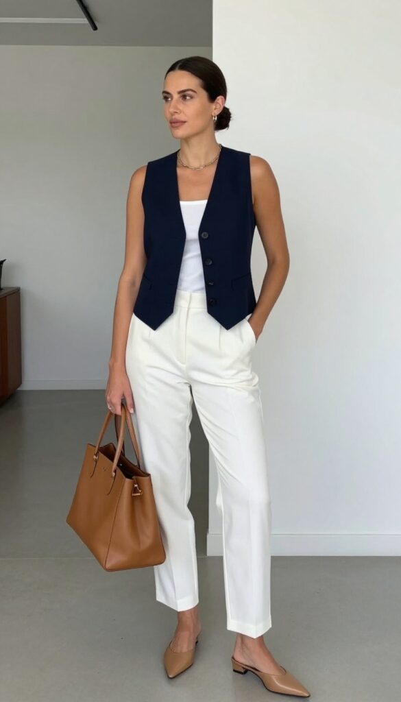 11. Navy Tailored Vest + White Trousers + Mules