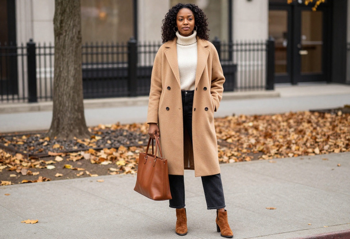 Black woman in camel coat and turtleneck standing on autumn street