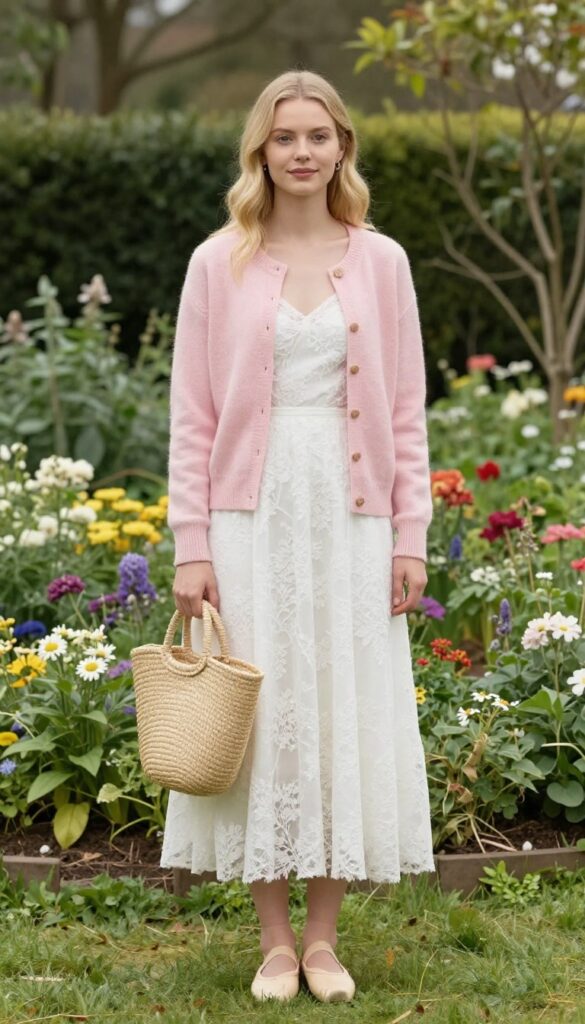 Woman in pastel pink cardigan over white lace wedding dress with sleeves, ballet flats, straw bag, standing in garden