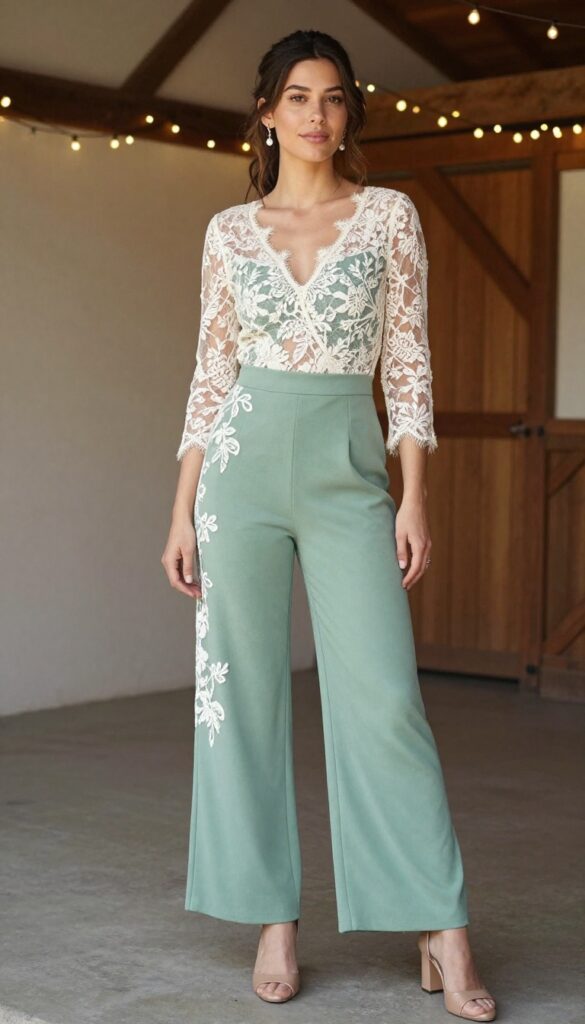 Woman in her 40s wearing an ivory jumpsuit with lace overlay, standing in a rustic barn with fairy lights, natural lighting, soft smile.
