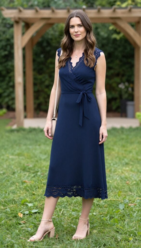 A woman in her 30s with medium brown skin wearing a navy blue wrap dress with lace trim, nude block-heel sandals, and a beige crossbody bag, standing on a lawn at a backyard wedding with a wooden arch, smiling naturally in soft afternoon light.