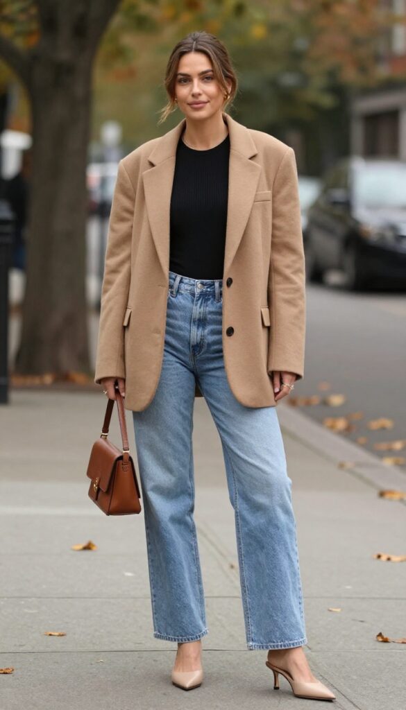 9. Oversized Blazer + Bodysuit + High-Waisted Wide-Leg Jeans + Heeled Mules