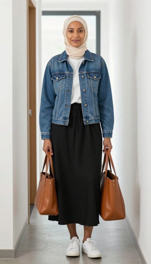 7. Denim Jacket + Maxi Skirt + White Sneakers