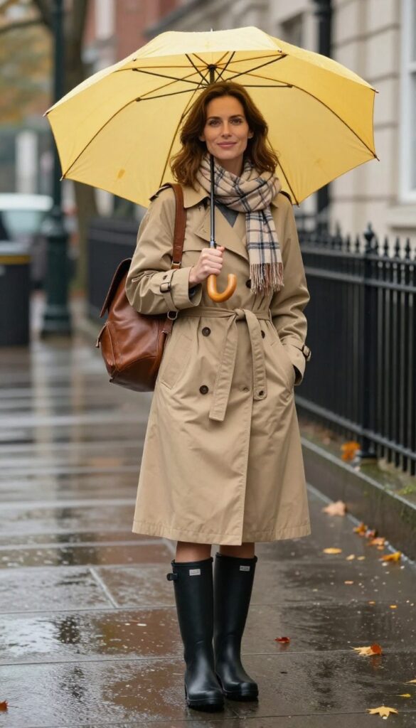11. Trench Dress with Belt and Tall Rain Boots
