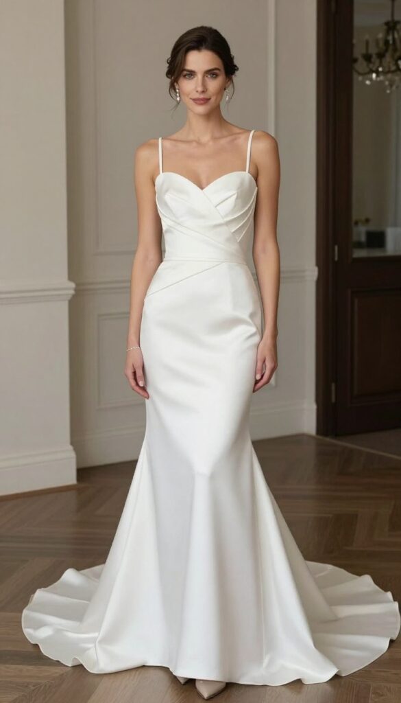A woman in a fitted white mermaid wedding dress with a large back bow, standing in an elegant ballroom with chandeliers.