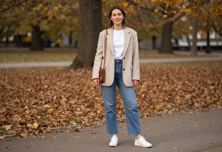 Woman in fall transition outfit with blazer, graphic tee, jeans, and sneakers in autumn park
