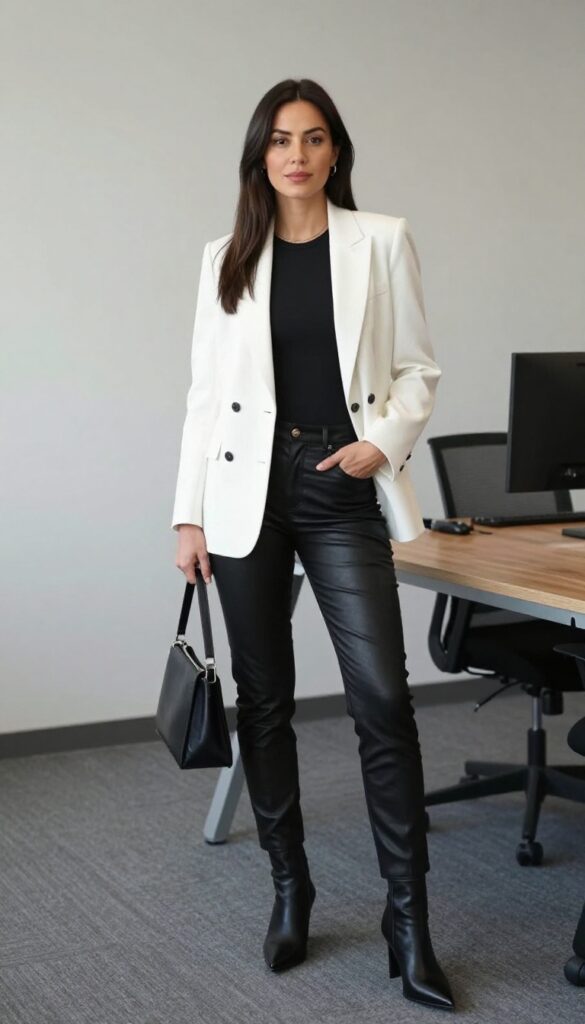13. White Blazer + Black Bodysuit + Leather Pants