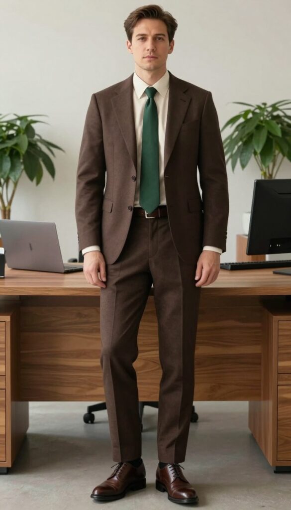 6. Brown Suit with a Cream Shirt and a Green Tie