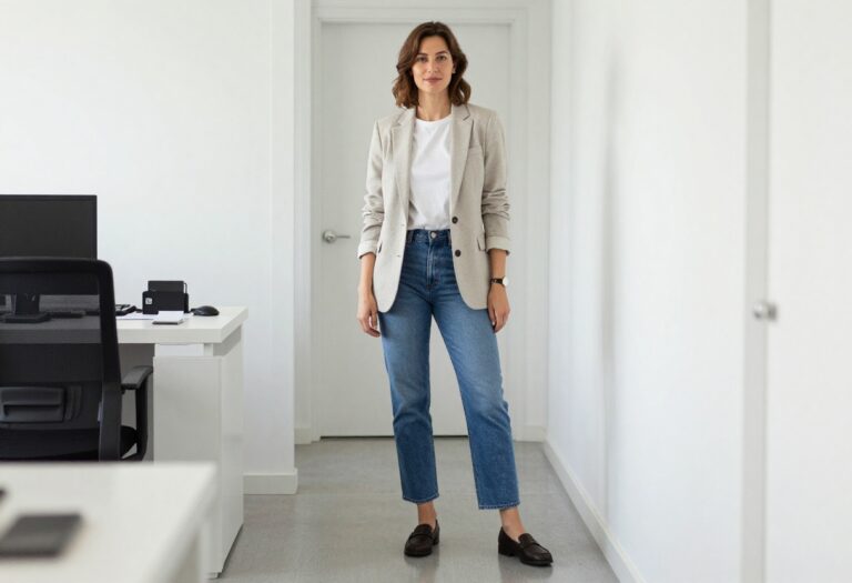 Woman in blazer and jeans standing in office hallway