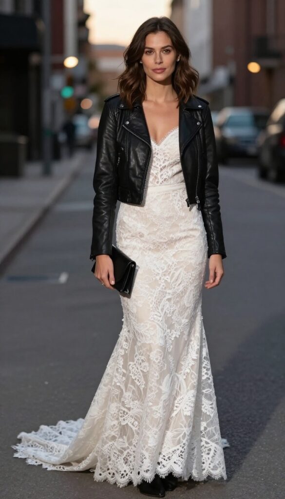 2. Lace Mermaid Dress with a Leather Jacket