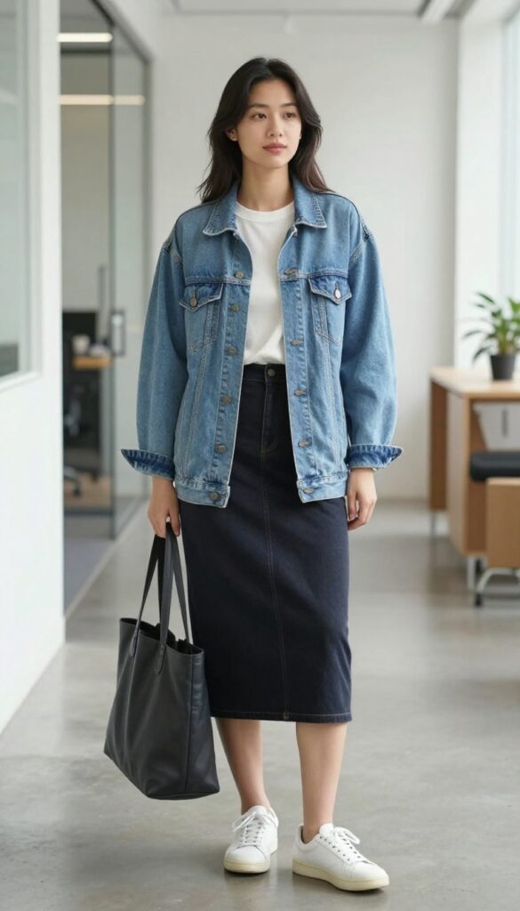 10. Midi A-Line Skirt + Band Tee + Denim Jacket