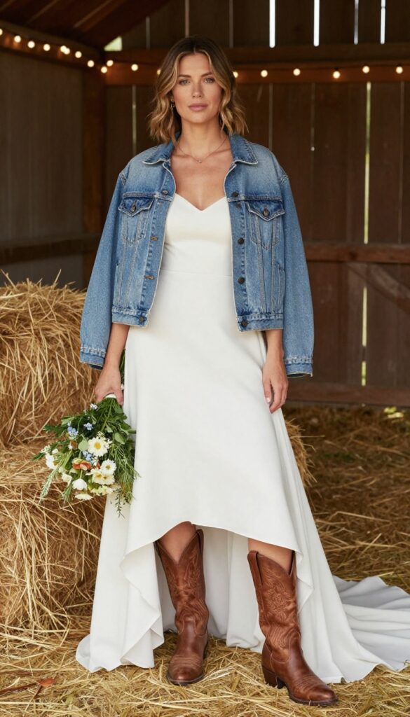 Adult woman in white drop waist wedding dress with cowboy boots and denim jacket tied at waist, standing in rustic barn with string lights and hay bales.