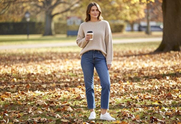 Midsize woman in oversized knit sweater and straight-leg jeans in autumn park