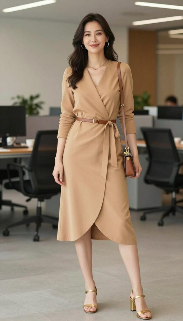 2. Camel Wrap Dress + Gold Accessories