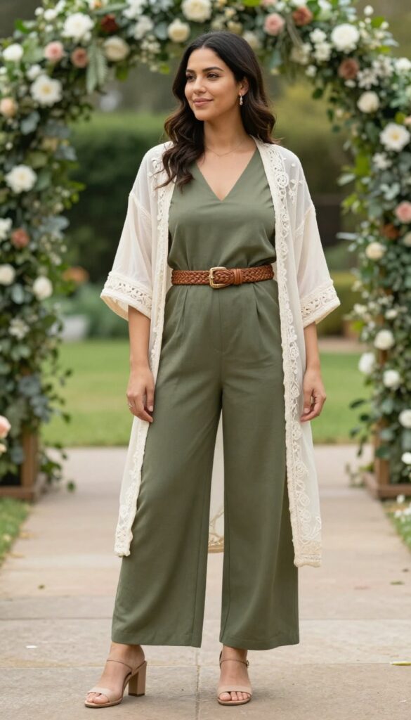 Woman in olive green jumpsuit with cream sheer embroidered kimono and brown woven belt at garden wedding