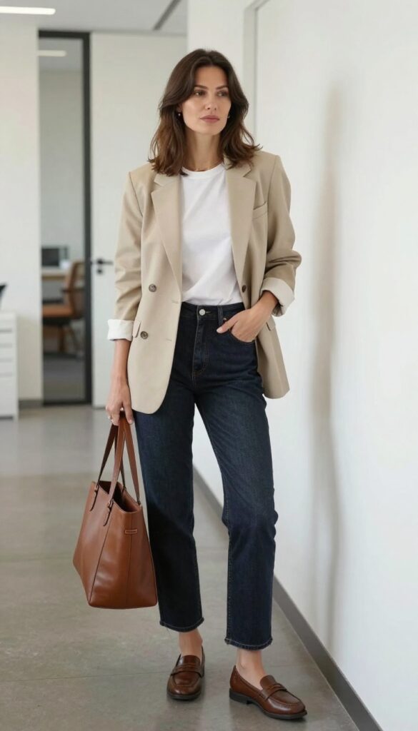 1. Blazer + White Tee + Straight-Leg Jeans