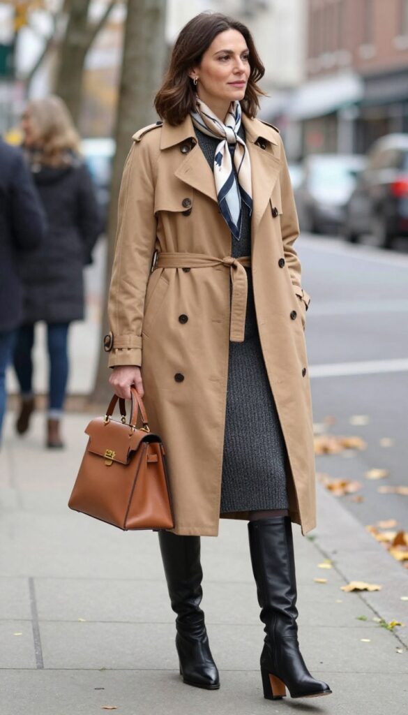 9. Trench Coat + Knit Dress + Knee-High Boots