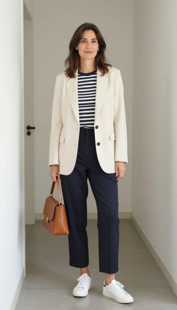 1. Cream Blazer + Navy Trousers + Striped Tee