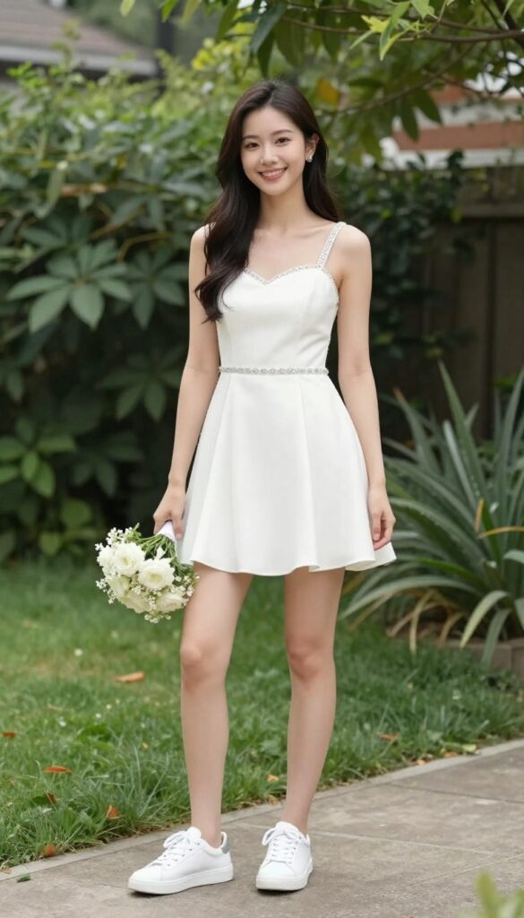 A young woman in a white mini wedding dress with silver beading stands in a sunlit backyard, wearing white sneakers and holding a bouquet, smiling naturally.