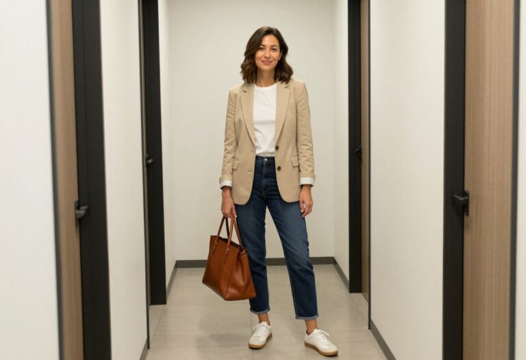 Woman in beige blazer, white tee, dark jeans, and white sneakers standing in office hallway
