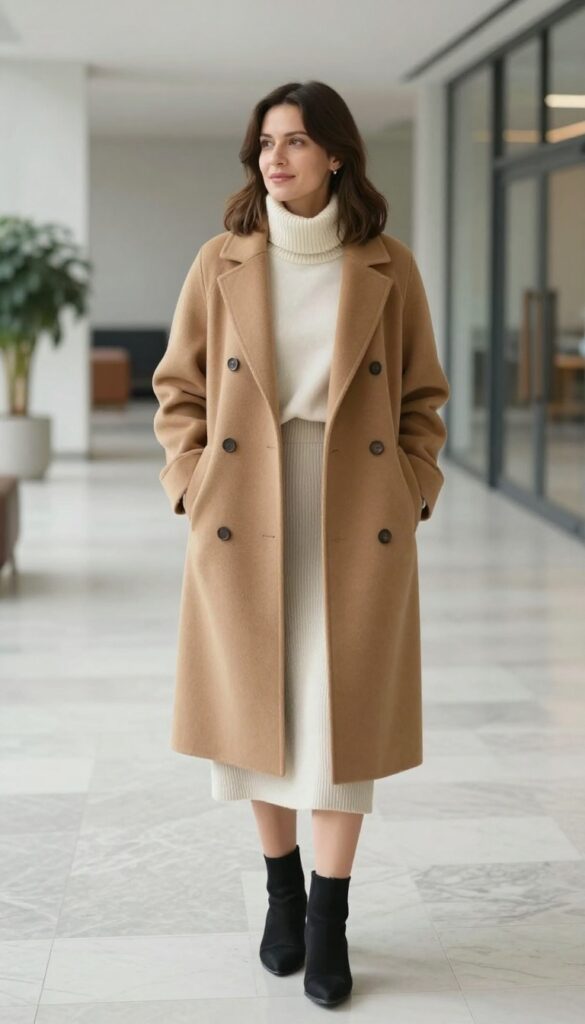 7. Double-Breasted Wool Coat over a Midi Skirt and Sweater