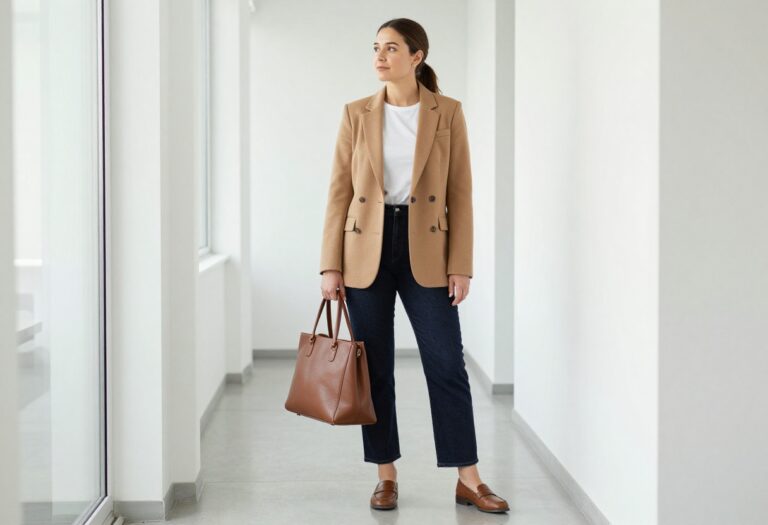 Woman in camel blazer, white tee, and jeans standing in office hallway