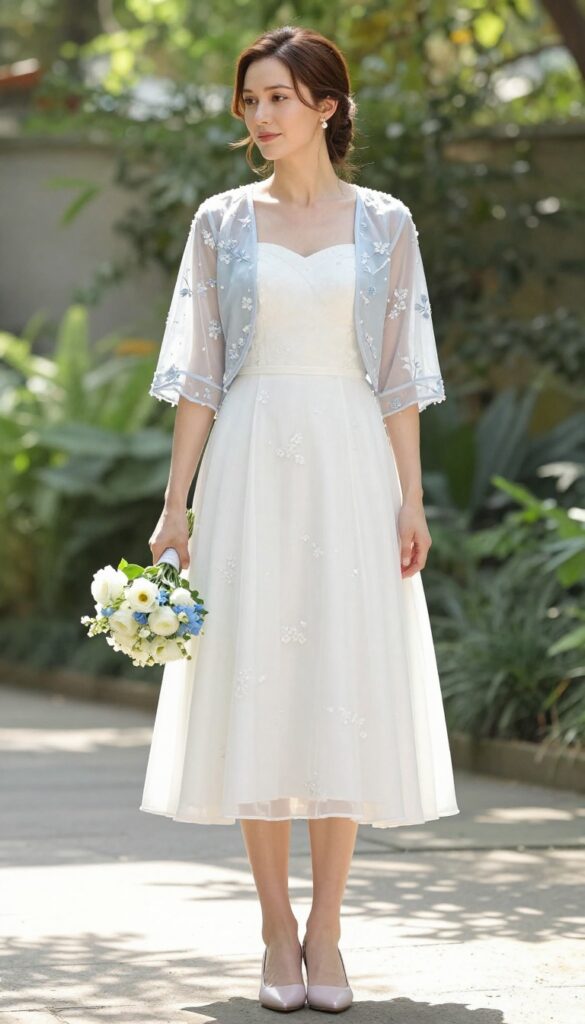 Woman in white sweetheart dress with powder blue embroidered bolero, standing in sunlit garden with bouquet