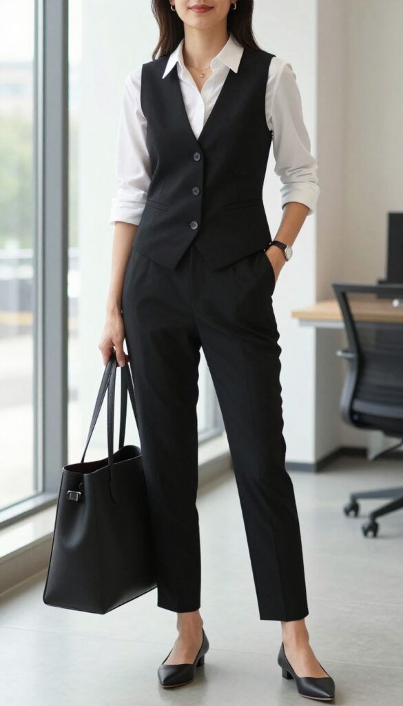 13. Black Vest + White Button-Down + Straight-Leg Pants