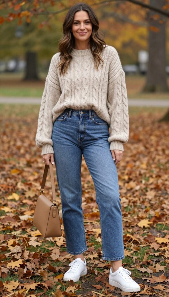 1. Oversized Knit Sweater with Straight-Leg Jeans