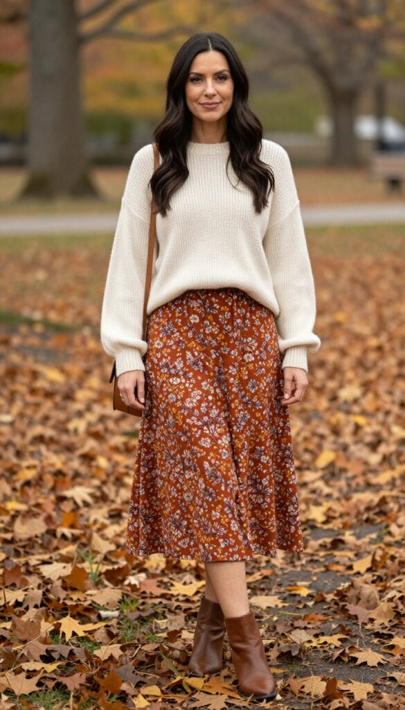 1. Chunky Knit Sweater Over a Flowy Midi Dress