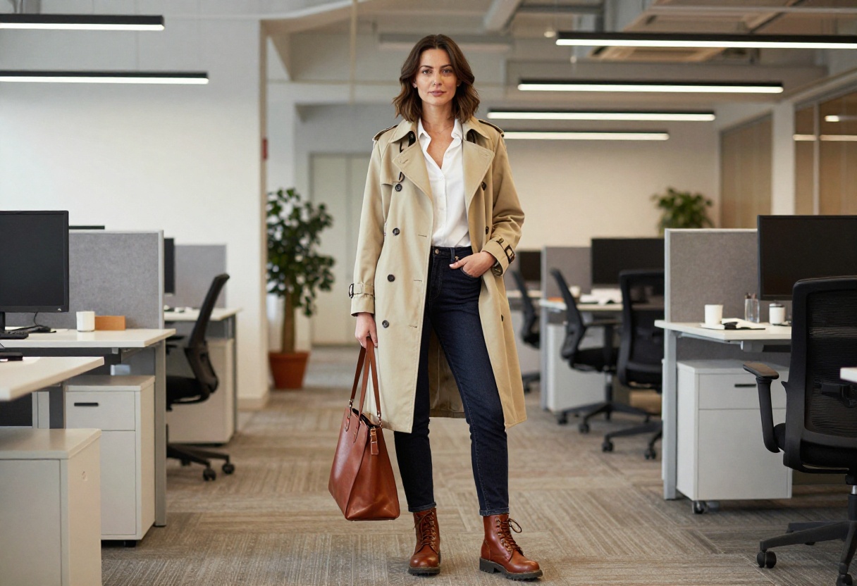 Woman in trench coat, jeans, and work boots standing in office hallway