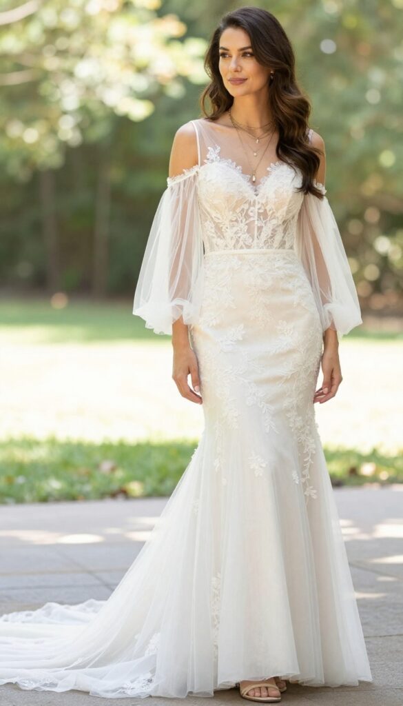 Woman in mermaid wedding dress with bell sleeves and sheer bodice in garden
