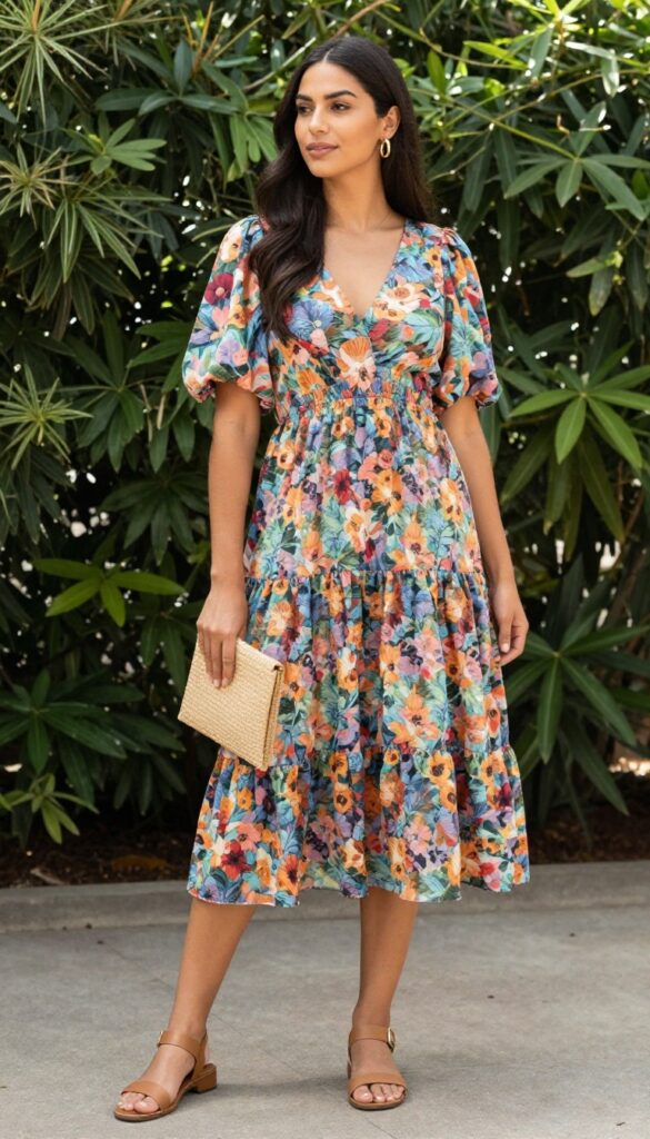 Woman in multicolored floral tiered dress with puff sleeves, tan sandals, gold hoops, and woven clutch in garden