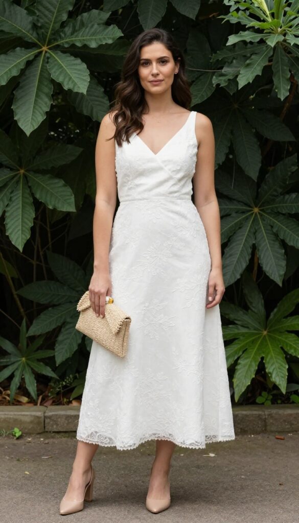 A young woman in a botanical garden wearing a white drop waist wedding dress with floral embroidery, nude block heels, and a small woven clutch, smiling gently in natural lighting.