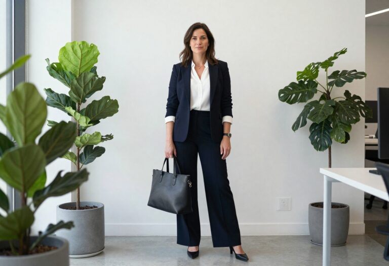 Woman in navy blazer, white blouse, and camel trousers standing in a modern office