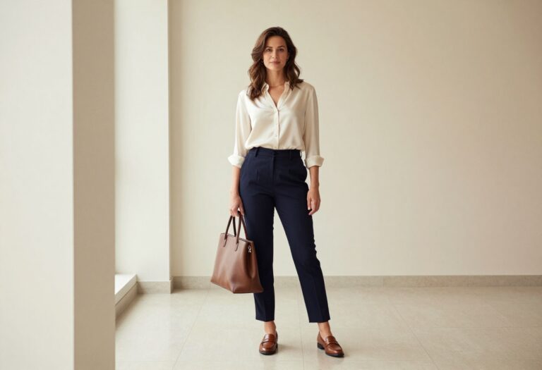 Woman in navy trousers, cream silk blouse, and brown loafers standing in office hallway