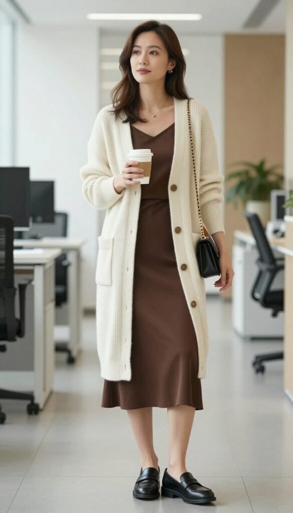 9. Cashmere Cardigan + Slip Skirt + Loafers