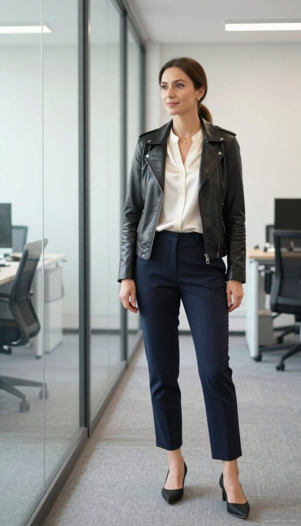 11. Leather Jacket + Silk Blouse + Trousers