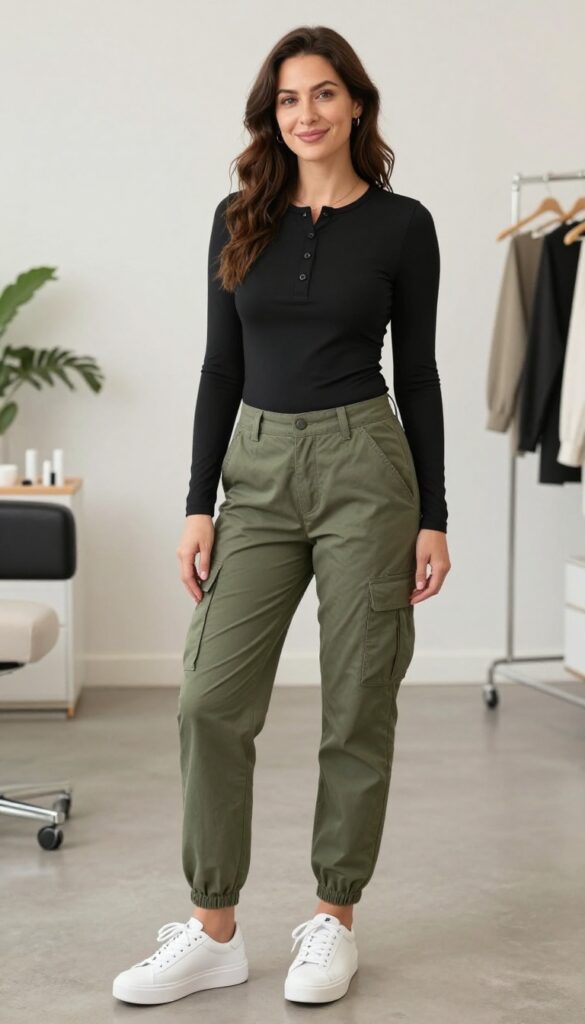 8. Black Henley Top with Olive Cargo Pants and Platform Sneakers