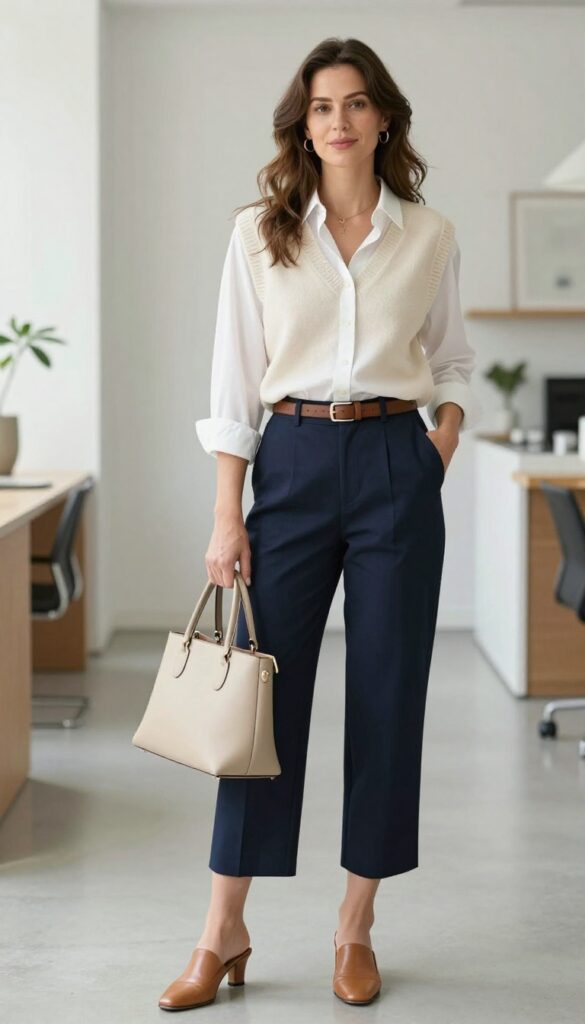 7. Sweater Vest + White Button-Down + Cropped Trousers + Mules